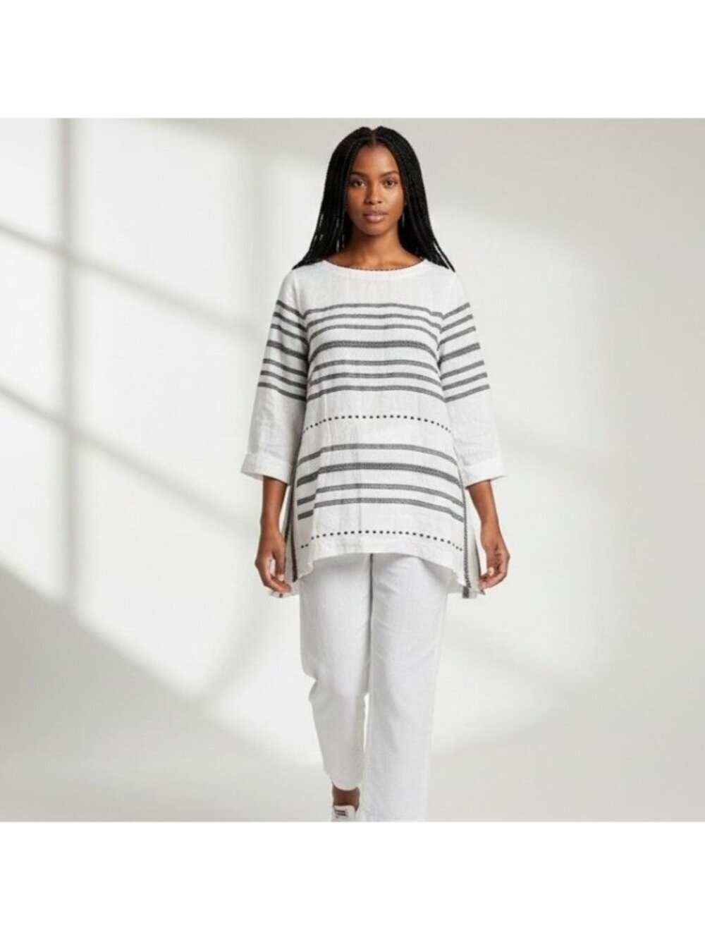J. Jill Love Linen White & Black Striped 3/4 Sleeve Relaxed Fit Tunic Top Size S